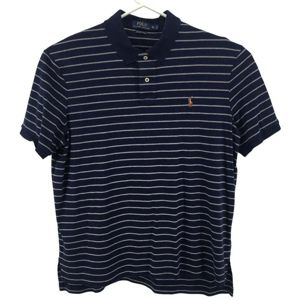 Polo Ralph Lauren Polo Shirt Mens XL Navy Gray Striped‎ Pima Soft Touch Cotton